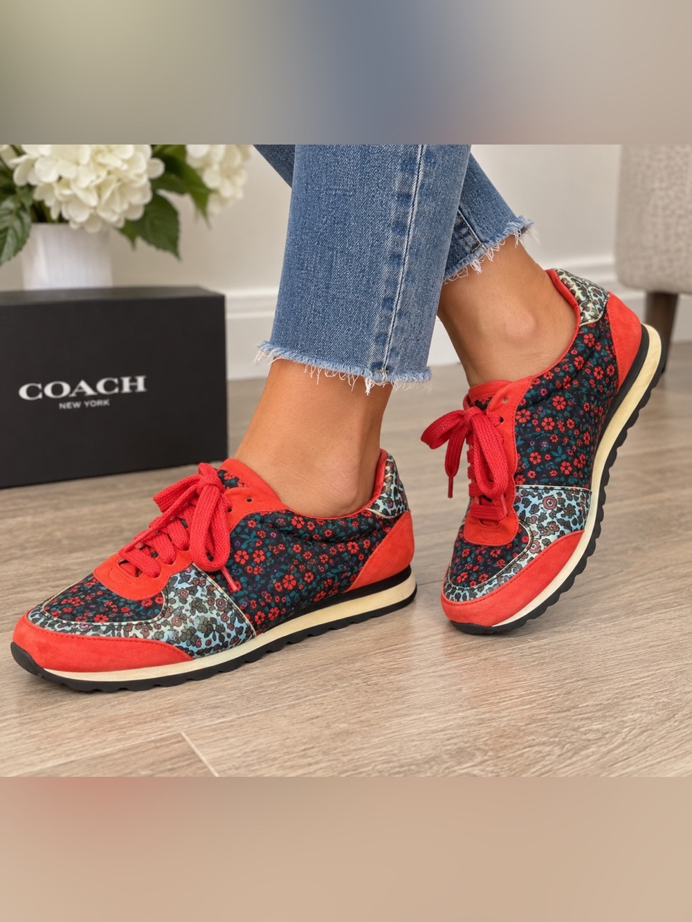 Coach C121 Runner Red Blue Floral Sneakers Style FG1258 Size 9